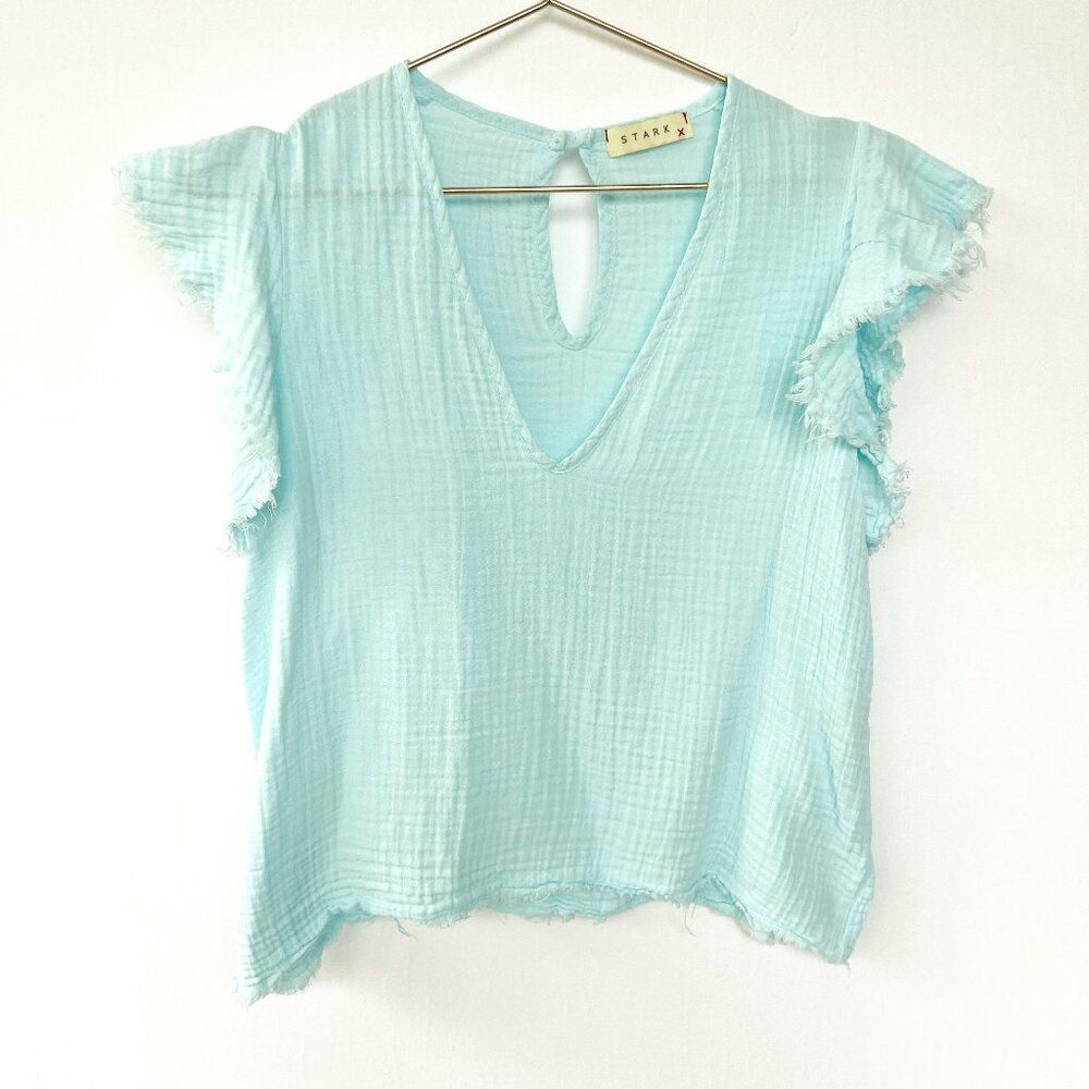 Stark X Turquoise Light Blue Gauze Ruffle Sleeve Frayed Hem Top XS 100% Cotton